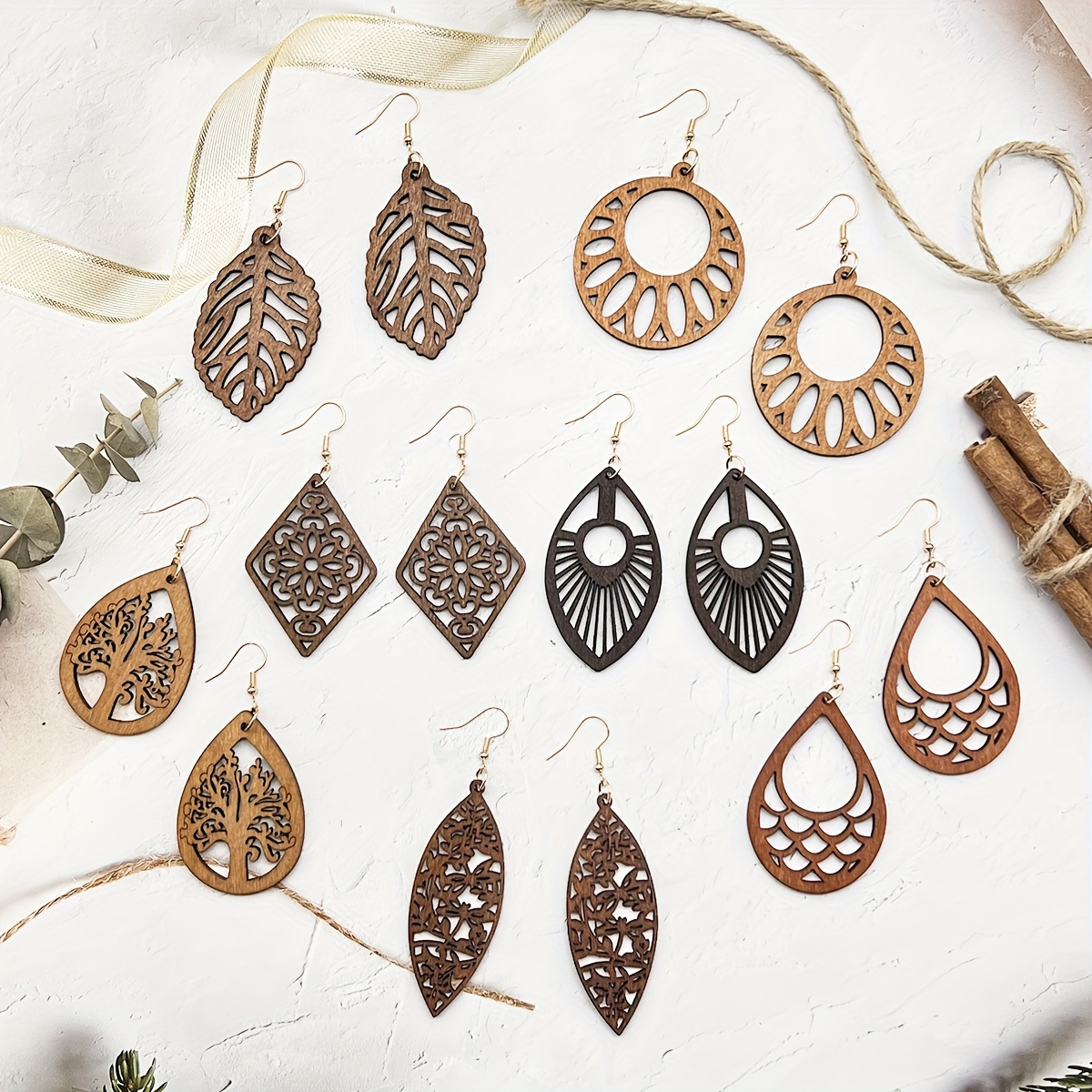 Boho Retro Wooden Earrings, Vacation Style